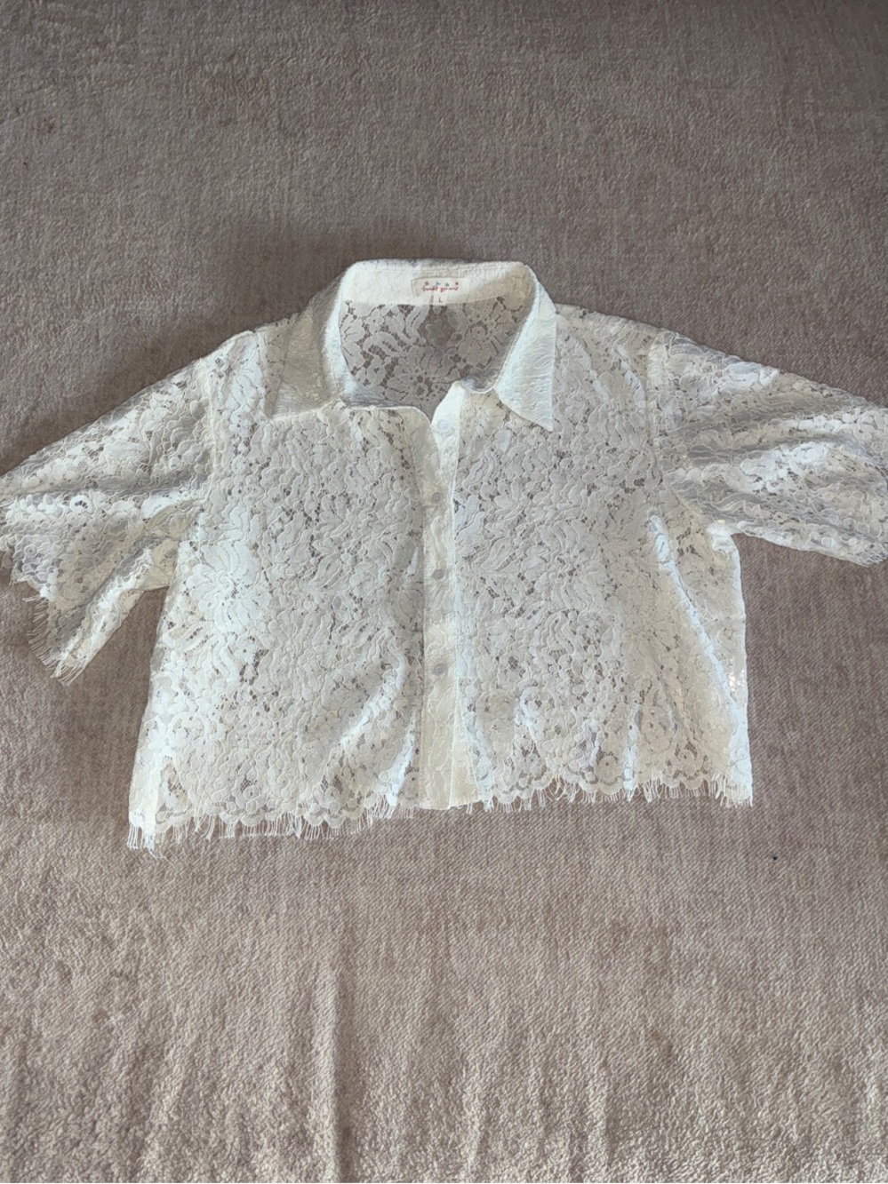 White Lace Button-Down Shirt - Women's Short Sleeve Boutique Brand:Sweet Generis - Picture 4 of 16